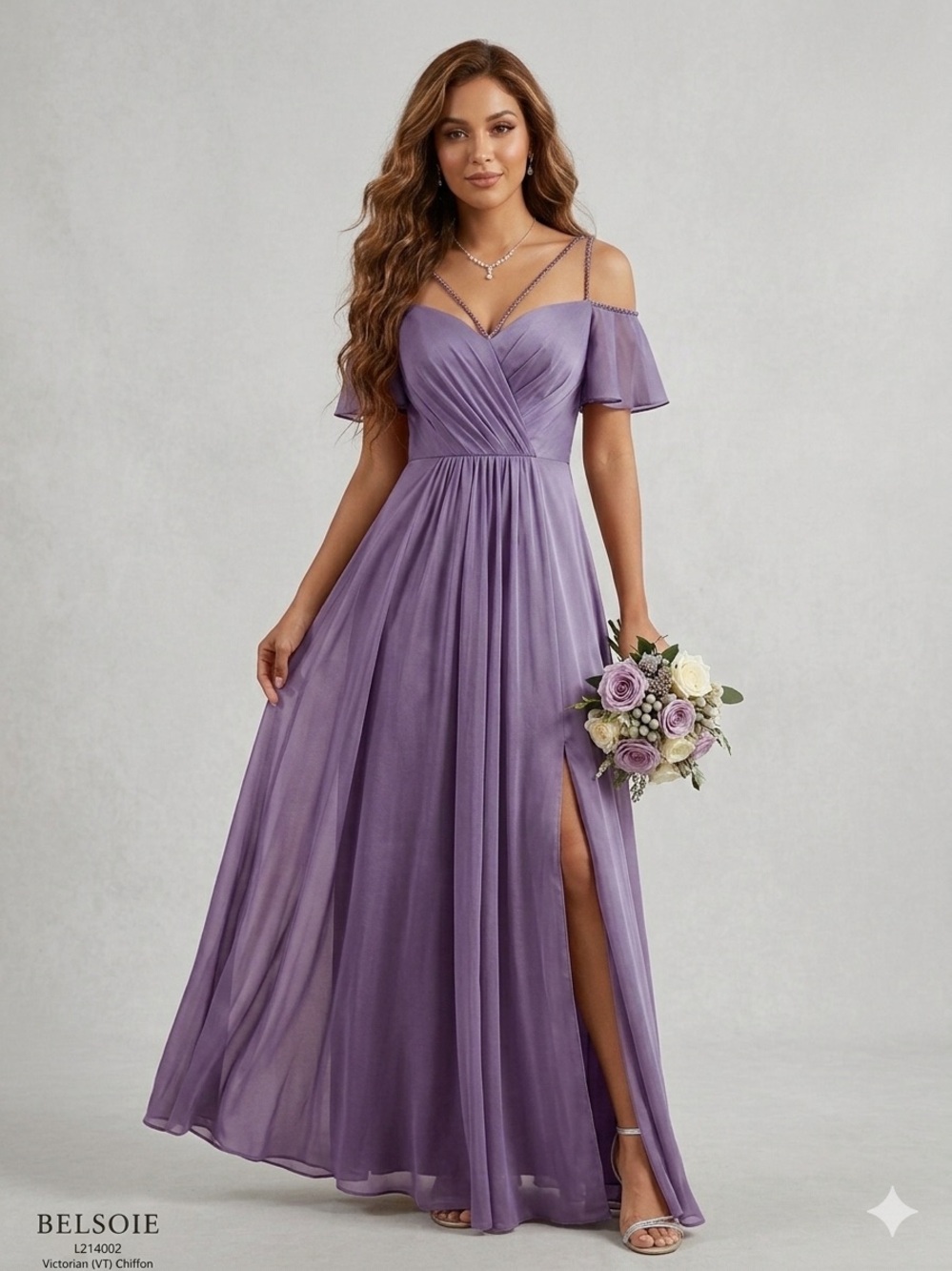 Belsoie Lavender Off-Shoulder Chiffon Prom Gown